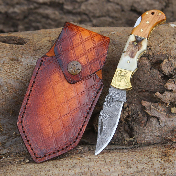 Echo Damascus Pocket Knife with Stag Horn/Antler &amp; Olivewood Handle