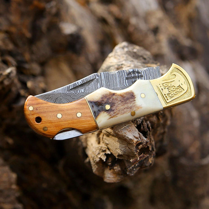 Echo Damascus Pocket Knife with Stag Horn/Antler &amp; Olivewood Handle