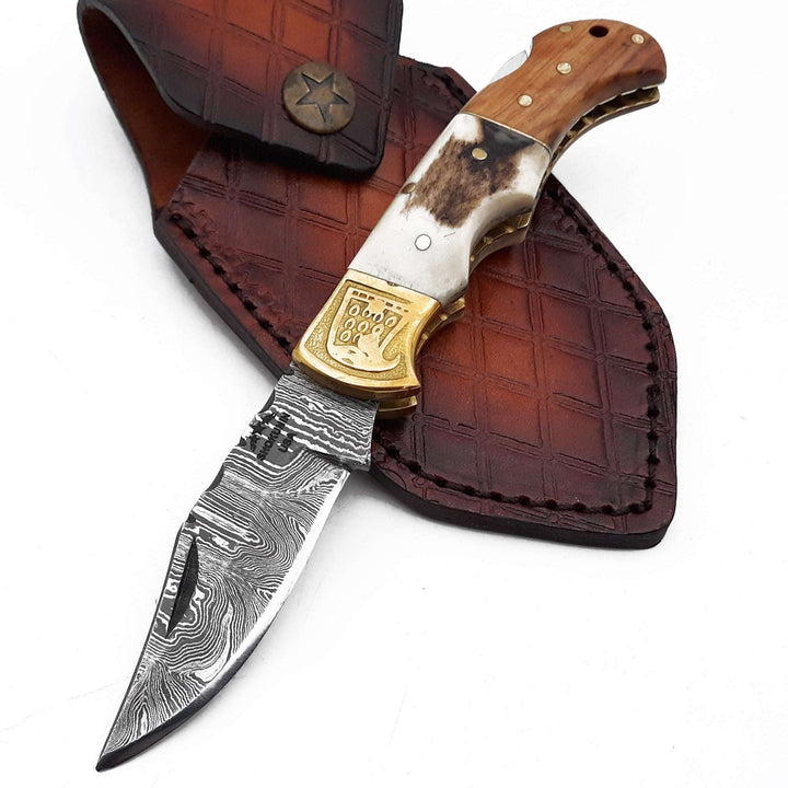 Echo Damascus Pocket Knife with Stag Horn/Antler &amp; Olivewood Handle