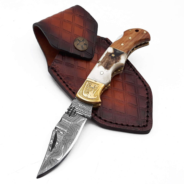 pocket knife with antler handle - Echo Damascus Pocket Knife with Stag Horn/Antler &amp; Olivewood Handle - Shokunin USA