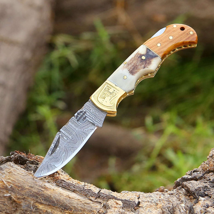 Echo Damascus Pocket Knife with Stag Horn/Antler &amp; Olivewood Handle