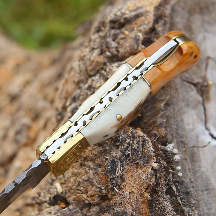 Echo Damascus Pocket Knife with Stag Horn/Antler &amp; Olivewood Handle