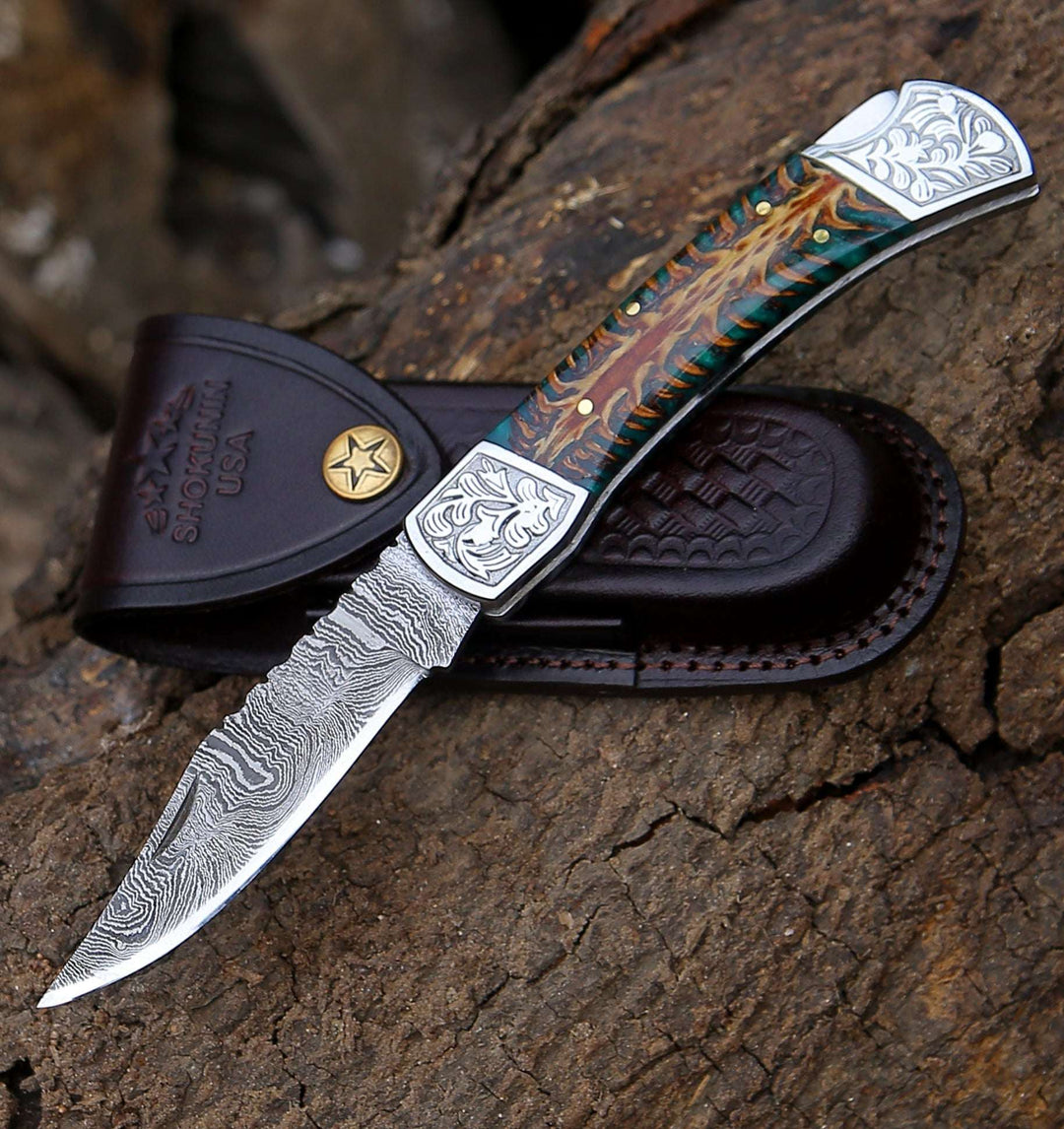 engraved folding knives - Striker Custom Pocket Knife with Pine Cone Handle - Shokunin USA