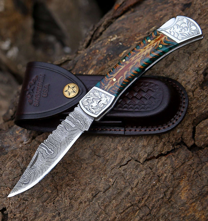 engraved folding knives - Striker Custom Pocket Knife with Pine Cone Handle - Shokunin USA