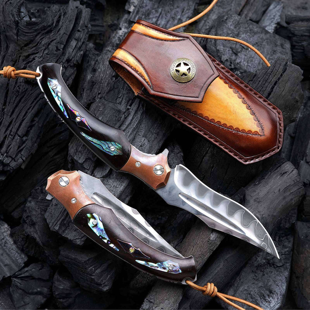 Gentleman's folder with case - Quest Damascus Pocket Knife with Ebony Wood, Timascus & Abalone Shell Handle - Shokunin USA