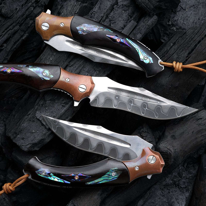 Gentleman's folder with case - Quest Damascus Pocket Knife with Ebony Wood, Timascus & Abalone Shell Handle - Shokunin USA