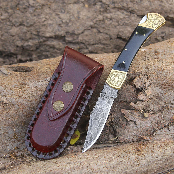 Ironstorm Handmade Damascus Pocket Knife Engraved with Leather Sheath &amp; Horn Handle