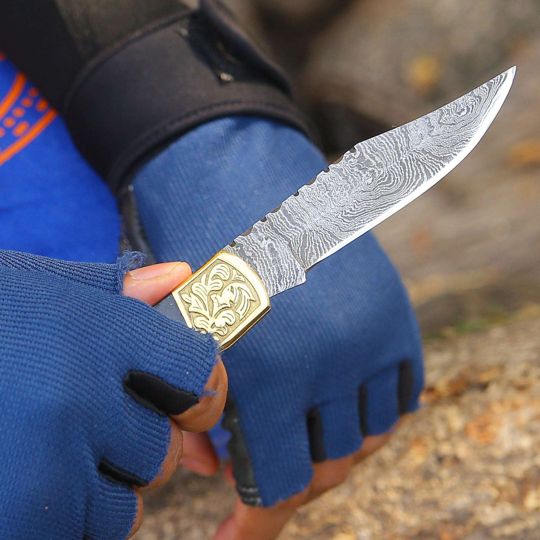 personalized everyday carry knives - Ironstorm Handmade Damascus Pocket Knife Engraved with Leather Sheath &amp; Bull Horn Handle - Shokunin USA