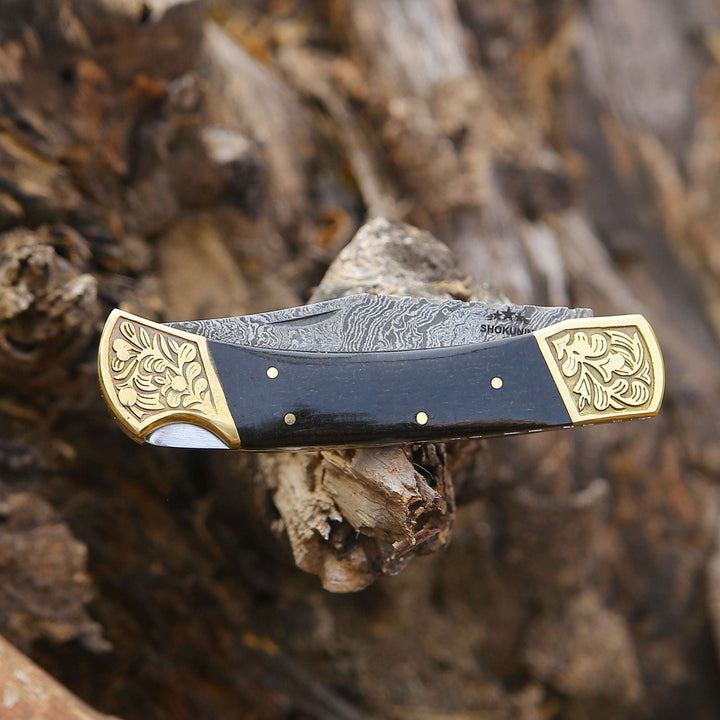 custom made everyday carry knives - Ironstorm Handmade Damascus Pocket Knife Engraved with Leather Sheath &amp; Bull Horn Handle - Shokunin USA