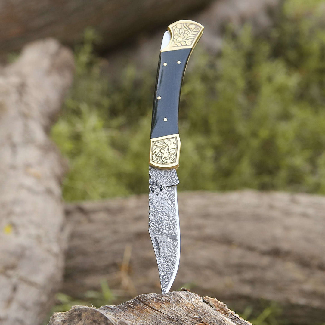 Ironstorm Handmade Damascus Pocket Knife Engraved with Leather Sheath &amp; Horn Handle