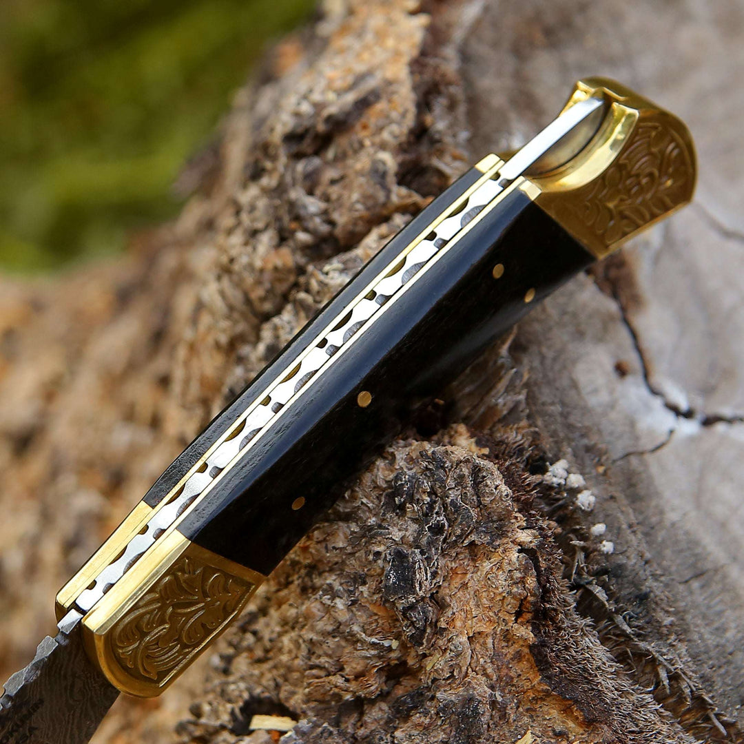 Ironstorm Handmade Damascus Pocket Knife Engraved with Leather Sheath &amp; Horn Handle