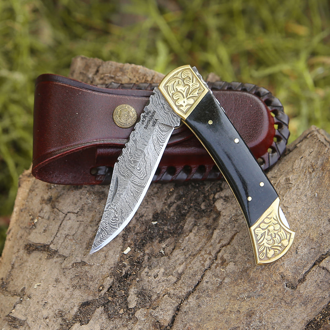 Pocket Knife - Ironstorm Handmade Damascus Pocket Knife Engraved with Leather Sheath & Horn Handle - Shokunin USA