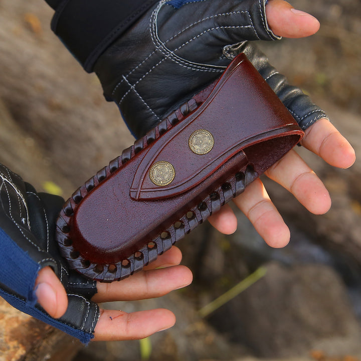 Pocket Knife - Ironstorm Handmade Damascus Pocket Knife Engraved with Leather Sheath & Horn Handle - Shokunin USA