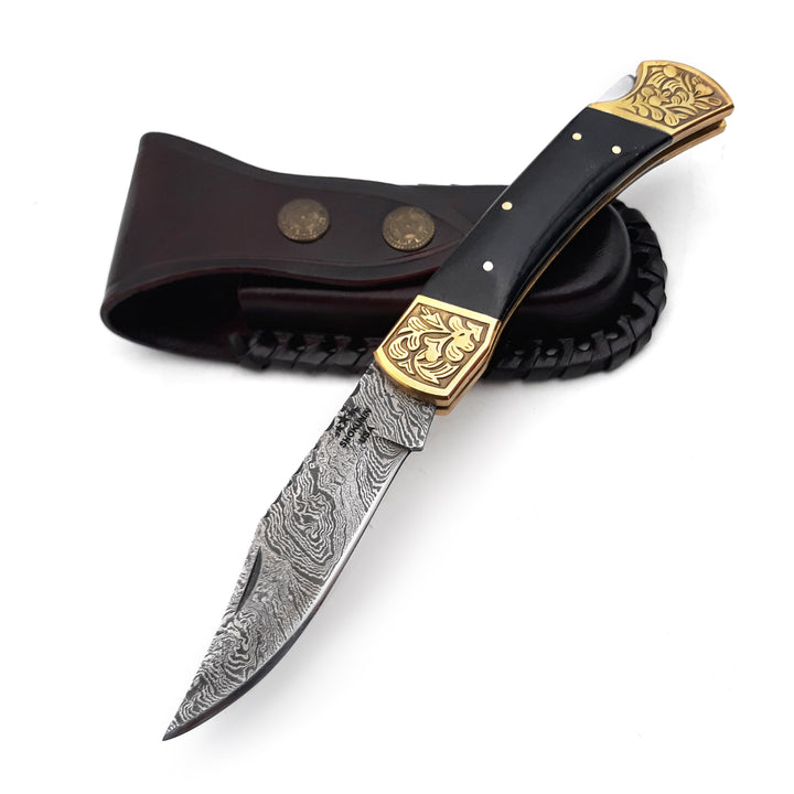 Pocket Knife - Ironstorm Handmade Damascus Pocket Knife Engraved with Leather Sheath & Horn Handle - Shokunin USA