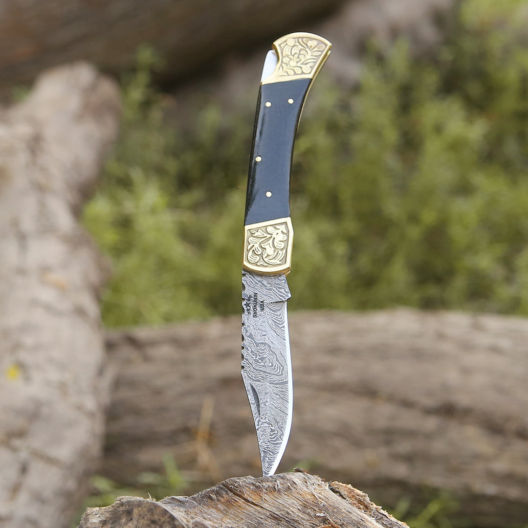 Pocket Knife - Ironstorm Handmade Damascus Pocket Knife Engraved with Leather Sheath & Horn Handle - Shokunin USA