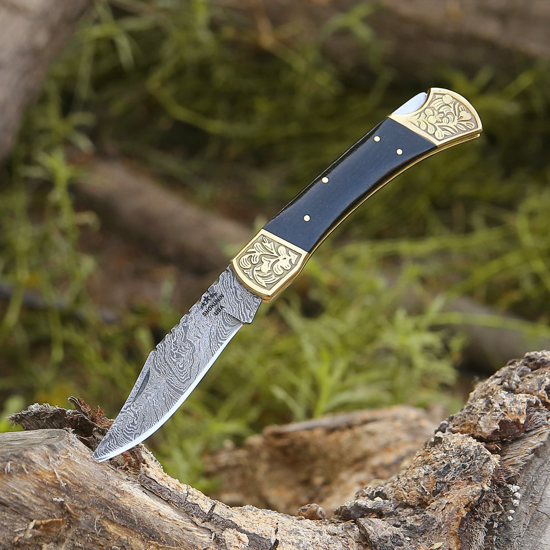 Pocket Knife - Ironstorm Handmade Damascus Pocket Knife Engraved with Leather Sheath & Horn Handle - Shokunin USA