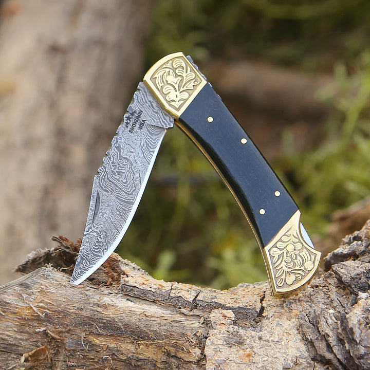 Pocket Knife - Ironstorm Handmade Damascus Pocket Knife Engraved with Leather Sheath & Horn Handle - Shokunin USA