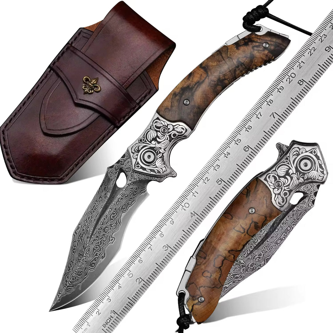 Pocket Knives - Atlas Gentleman's Pocket Knife with Exotic Walnut Burl Handle and Sheath - Shokunin USA