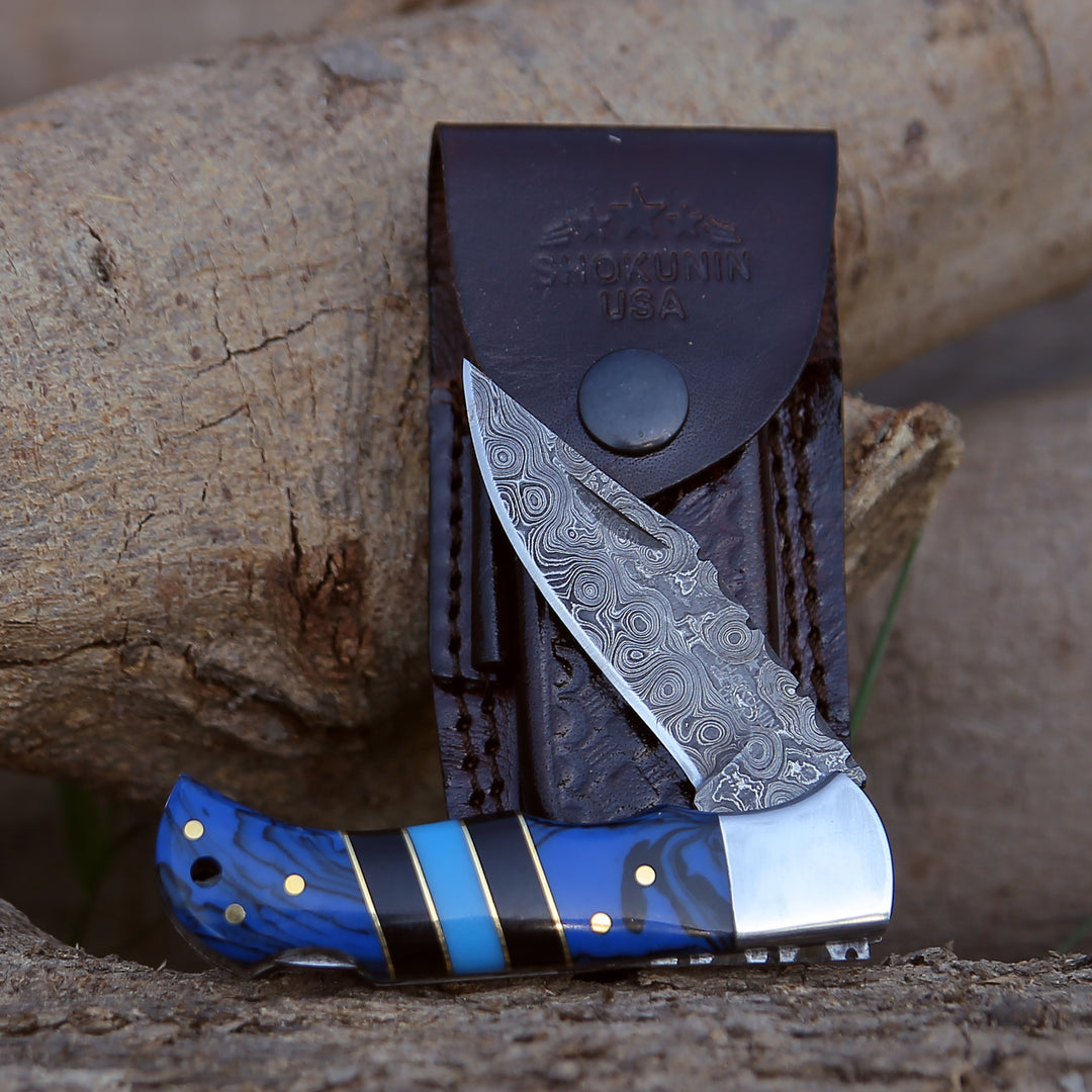 Damascus Knife - Pathfinder Damascus Pocket Knife with Resin Handle & Sheath - Shokunin USA