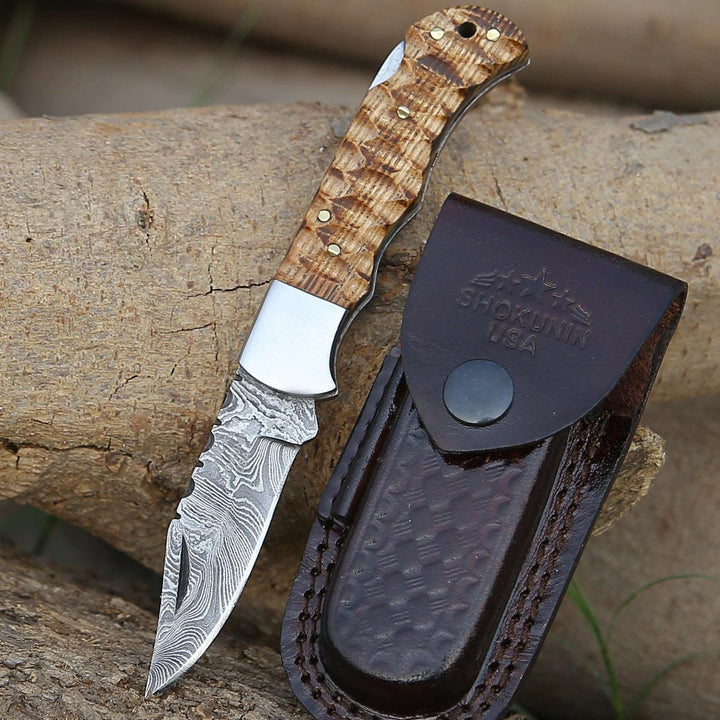 Pocket Knife - Thunderbolt Pocket Knife with Forged Charred Ash Wood Handle - Shokunin USA