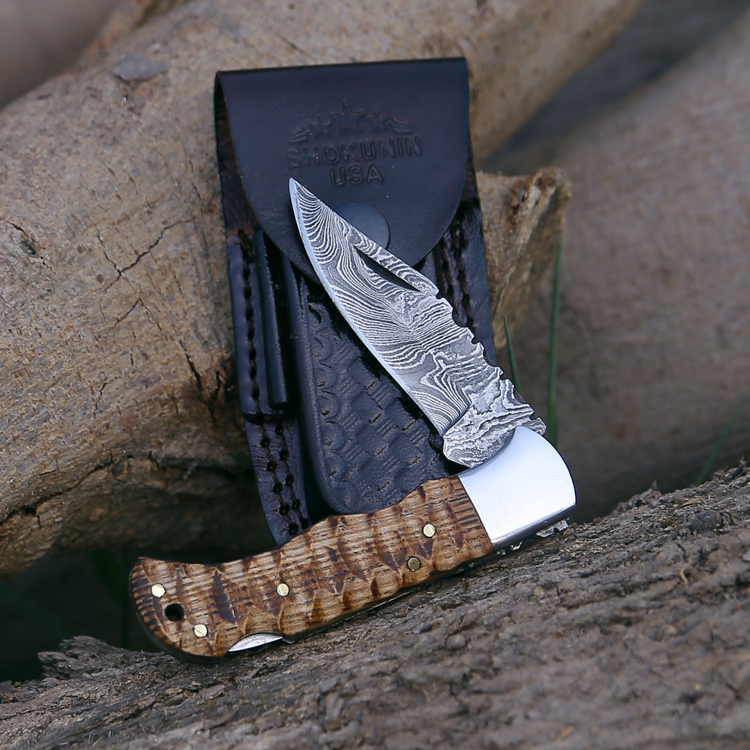 Pocket Knife - Thunderbolt Pocket Knife with Forged Charred Ash Wood Handle - Shokunin USA