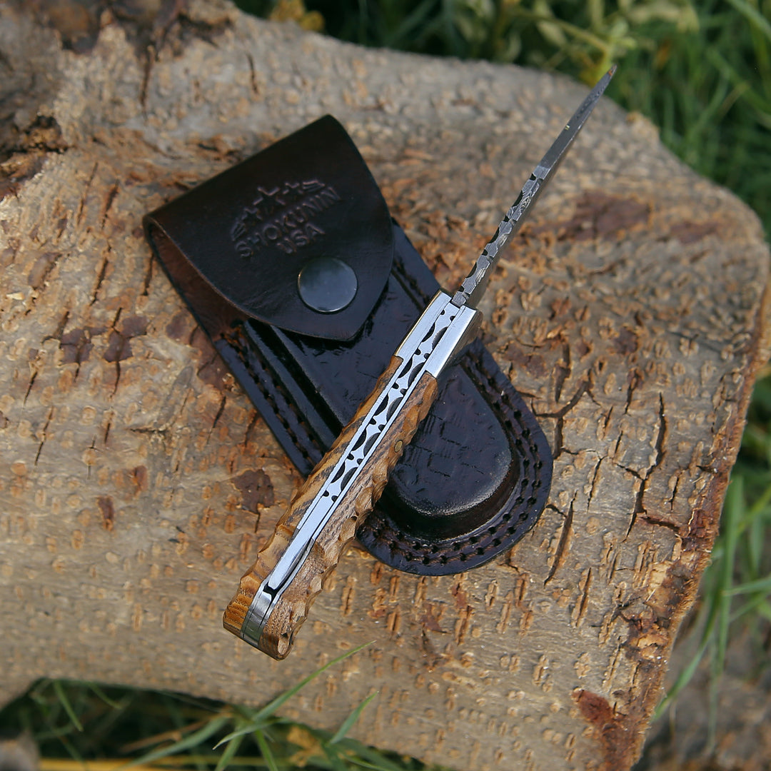 Pocket Knife - Thunderbolt Pocket Knife with Forged Charred Ash Wood Handle - Shokunin USA