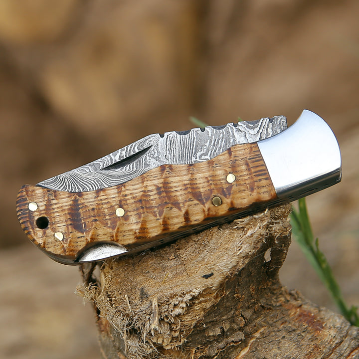 Pocket Knife - Thunderbolt Pocket Knife with Forged Charred Ash Wood Handle - Shokunin USA