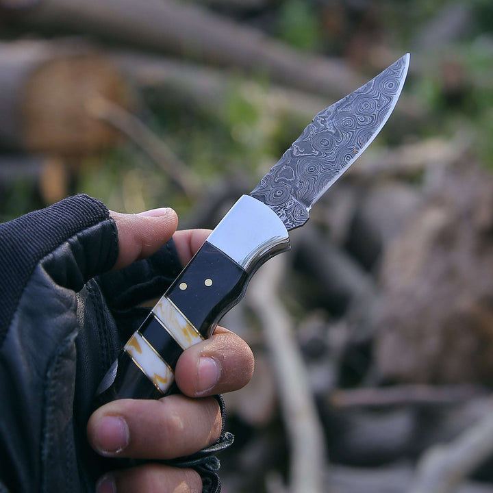 gentleman pocket knives for men - Blaze Handmade Damascus folding knife with Sheath - Shokunin USA