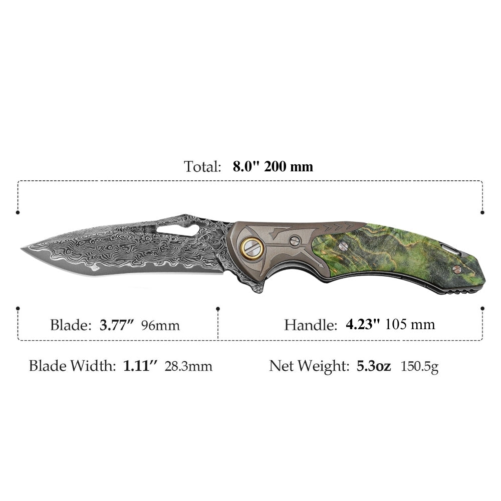 Pocket Knife - Hades Japanese VG10 Damascus Pocket Knife with Clip Stabilized Maple Burl Handle - Shokunin USA