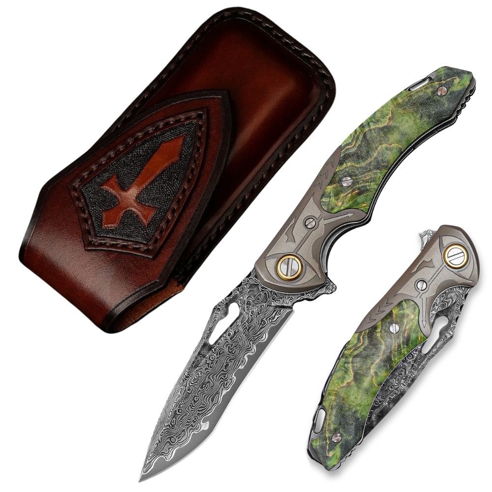 Pocket Knife - Hades Japanese VG10 Damascus Pocket Knife with Clip Stabilized Maple Burl Handle - Shokunin USA