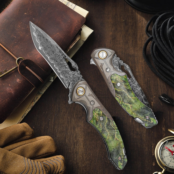 Pocket Knife - Hades Japanese VG10 Damascus Pocket Knife with Clip Stabilized Maple Burl Handle - Shokunin USA