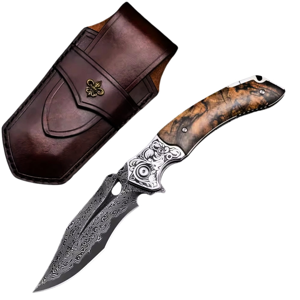 Pocket Knives - Atlas Gentleman's Pocket Knife with Exotic Walnut Burl Handle and Sheath - Shokunin USA