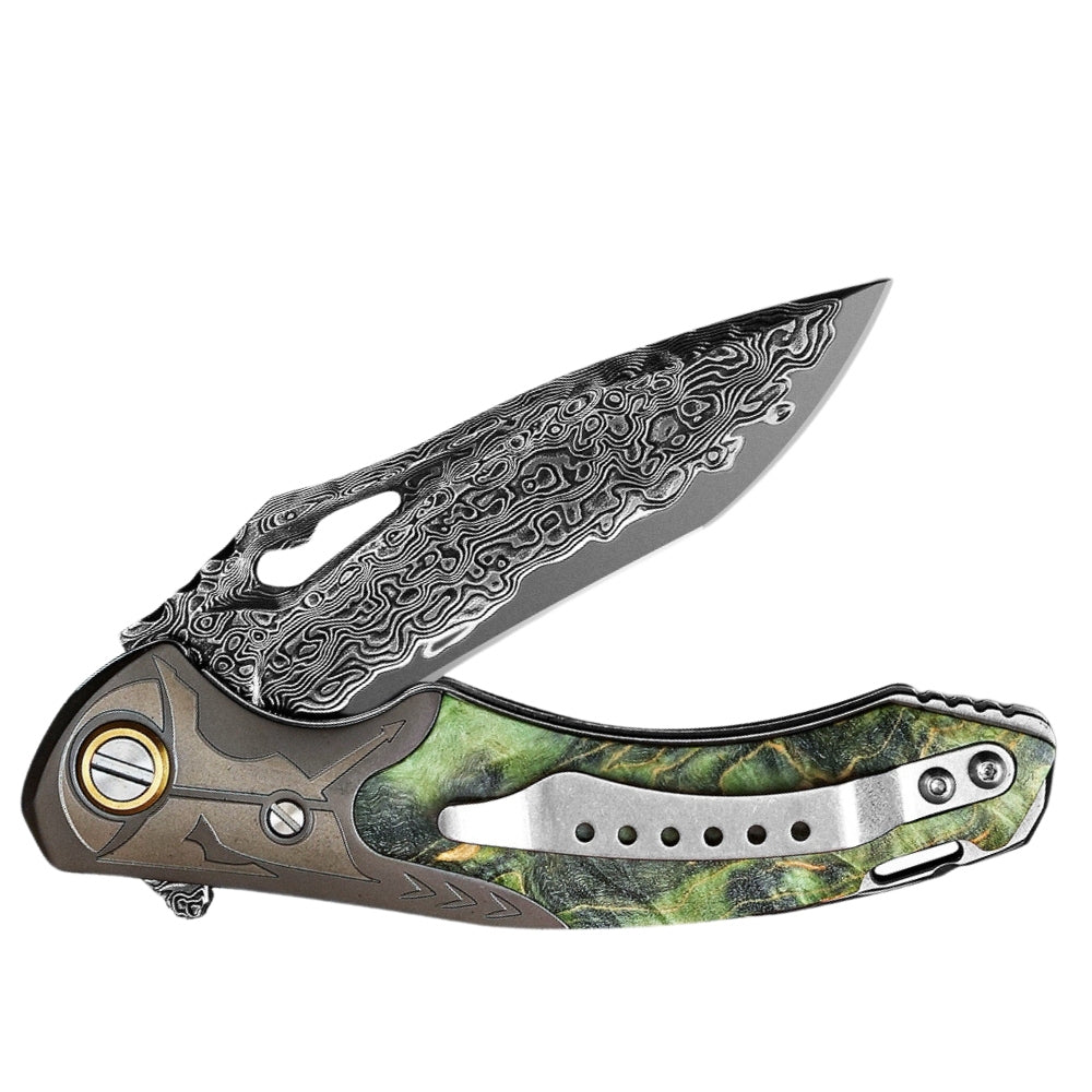 Pocket Knife - Hades Japanese VG10 Damascus Pocket Knife with Clip Stabilized Maple Burl Handle - Shokunin USA