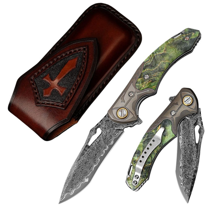 Pocket Knife - Hades Japanese VG10 Damascus Pocket Knife with Clip Stabilized Maple Burl Handle - Shokunin USA