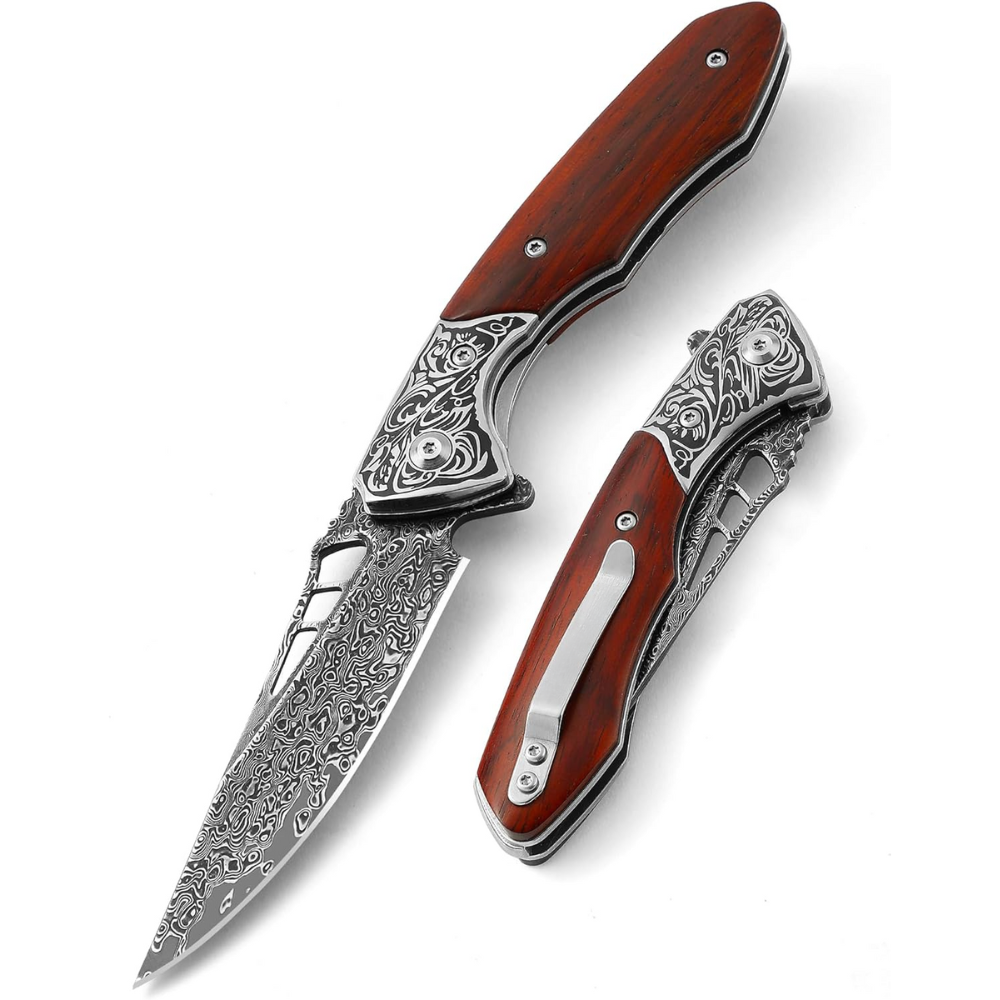 Pocket knife - Artemis Japanese VG10 Damascus Pocket Knife with Clip & Exotic Red Sandal Wood Handle - Shokunin USA