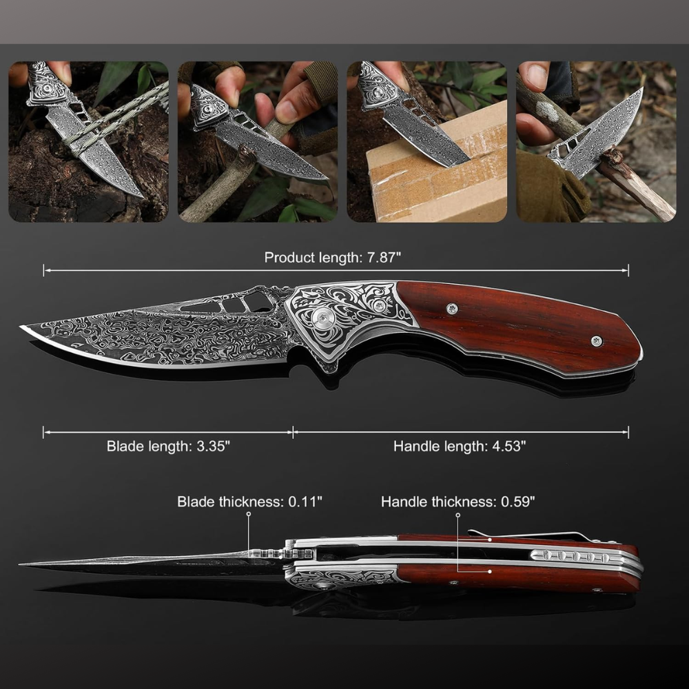 Pocket knife - Artemis Japanese VG10 Damascus Pocket Knife with Clip & Exotic Red Sandal Wood Handle - Shokunin USA