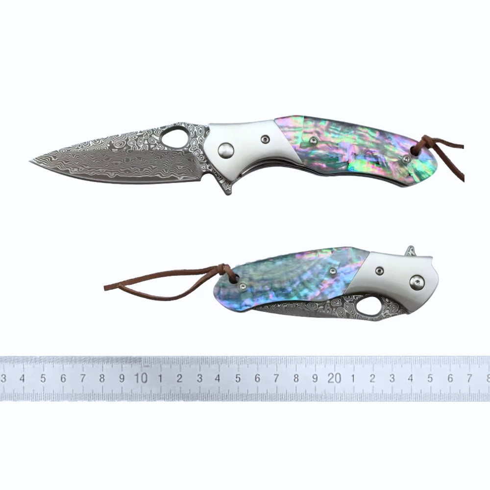 Damascus Knife - Spire Japanese VG10 Gentleman's Pocket Knife with Abalone Shell Handle - Shokunin USA