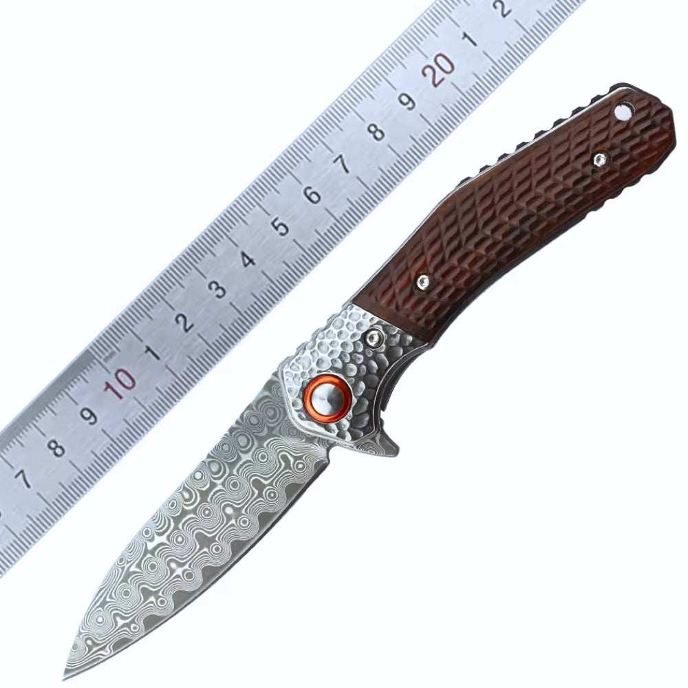 Damascus Knife - Wayfarer Japanese VG10 Damascus EDC Pocket Knife with Clip and Sandalwood Handle - Shokunin USA