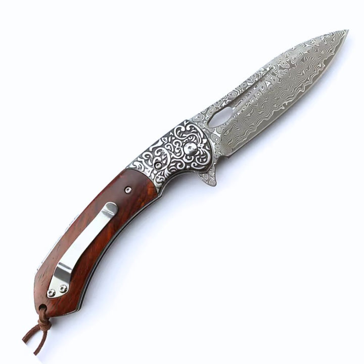 Damascus Knife - Karma Japanese VG10 Damascus EDC Pocket Knife with Clip & Sandalwood Handle - Shokunin USA