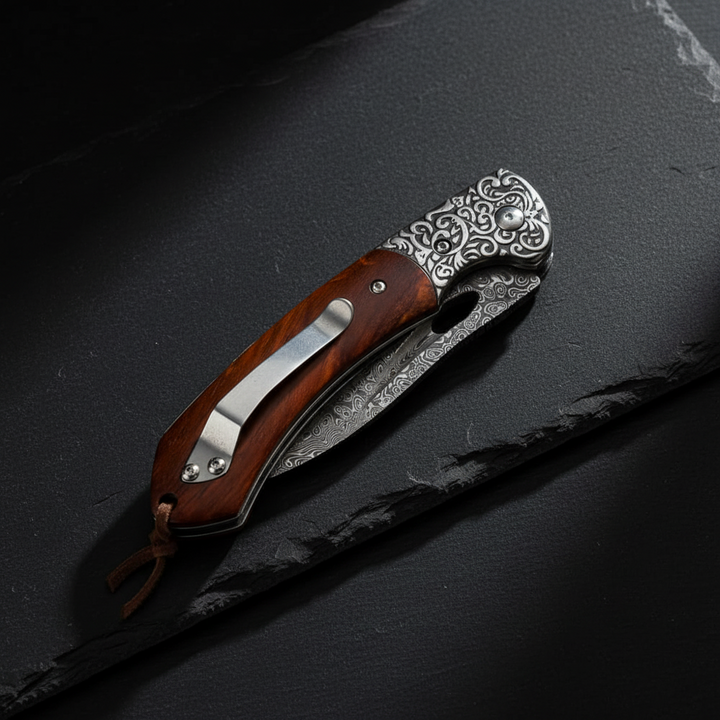 Karma Japanese VG10 Damascus EDC Pocket Knife with Clip &amp; Sandalwood Handle