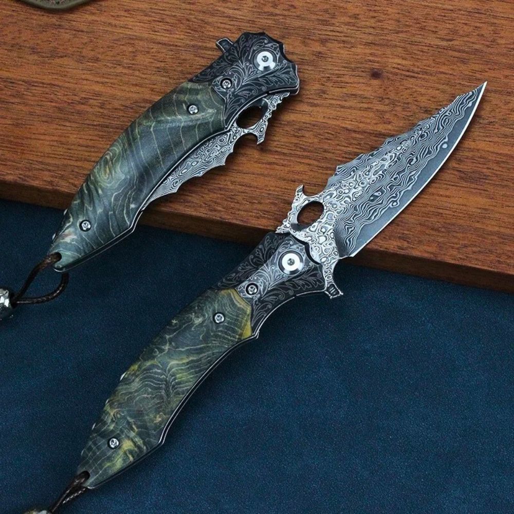 Damascus Knife - Blackbird Japanese EDC Pocket Knife with Stained Maple Burl Wood Handle - Shokunin USA