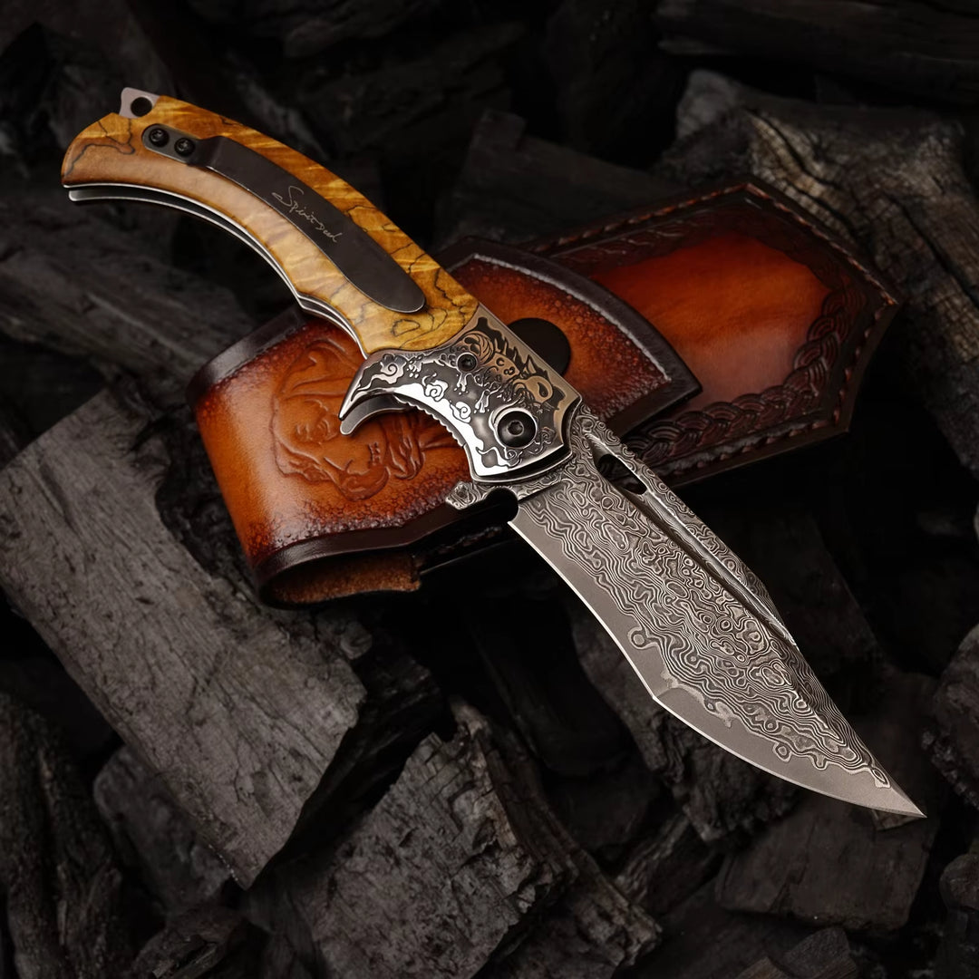 Pocket Knife - Inferno Japanese VG10 Damascus Pocket Knife with Exotic Burch Burl Wood Handle - Shokunin USA