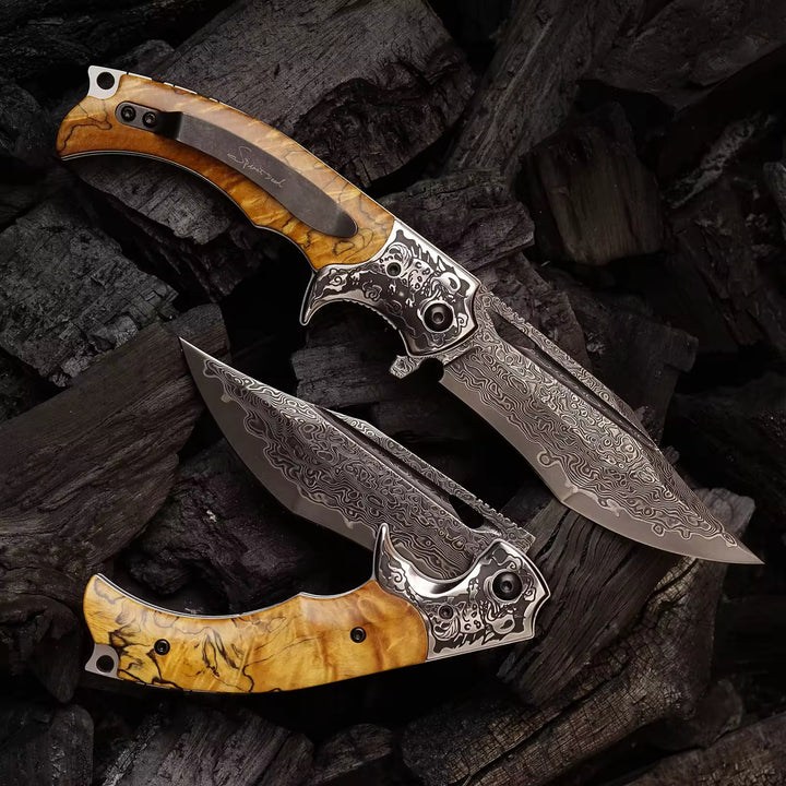 Pocket Knife - Inferno Japanese VG10 Damascus Pocket Knife with Exotic Burch Burl Wood Handle - Shokunin USA