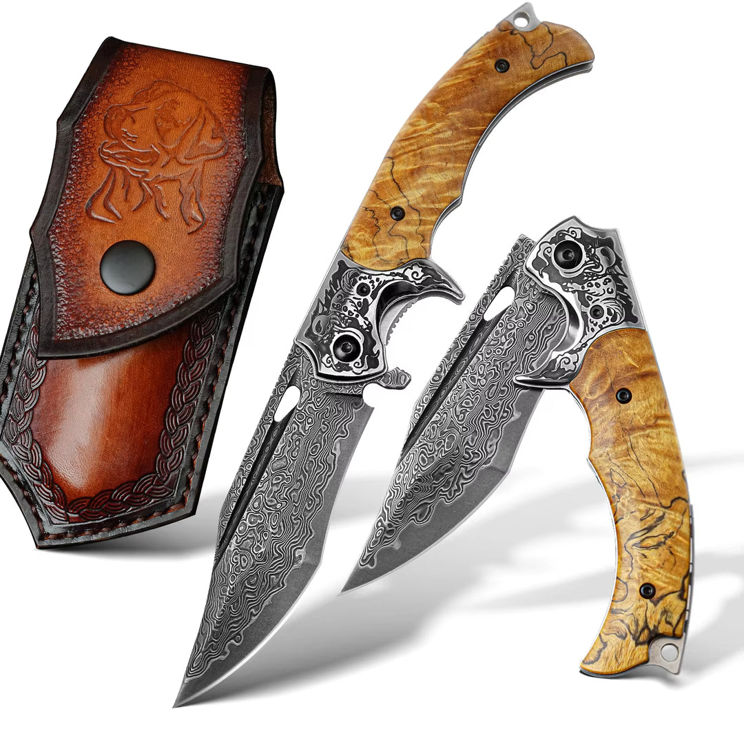 Pocket Knife - Inferno Japanese VG10 Damascus Pocket Knife with Exotic Burch Burl Wood Handle - Shokunin USA