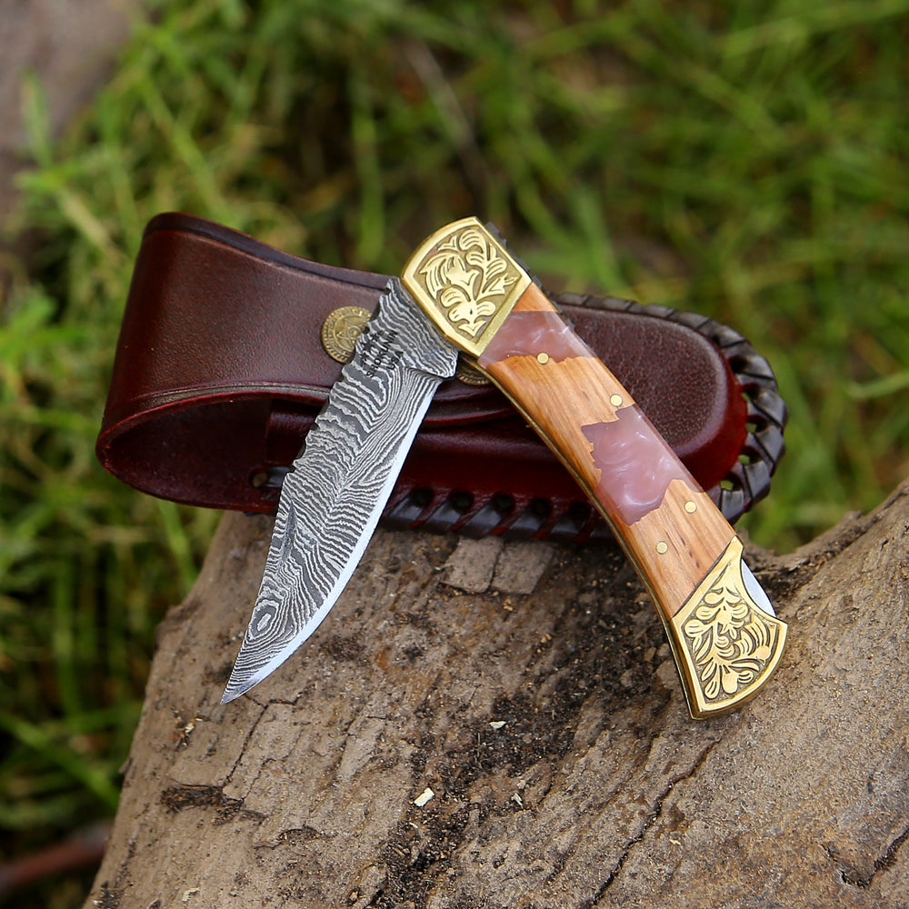 Pocket Knife Gift - Boltedge Handmade Damascus Pocket Knife with Leather Sheath & Exotic Olive Wood - Shokunin USA