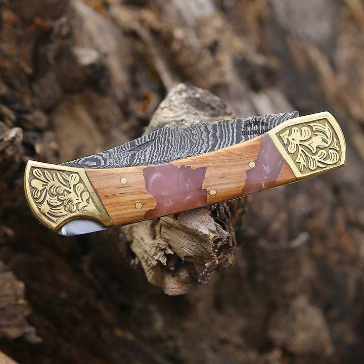 Pocket Knife Gift - Boltedge Handmade Damascus Pocket Knife with Leather Sheath & Exotic Olive Wood - Shokunin USA