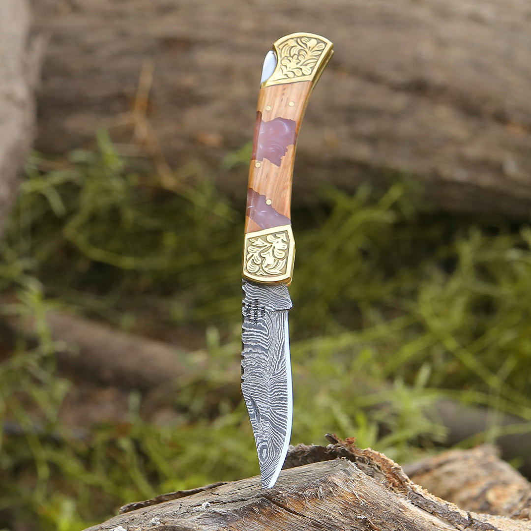 Pocket Knife Gift - Boltedge Handmade Damascus Pocket Knife with Leather Sheath & Exotic Olive Wood - Shokunin USA