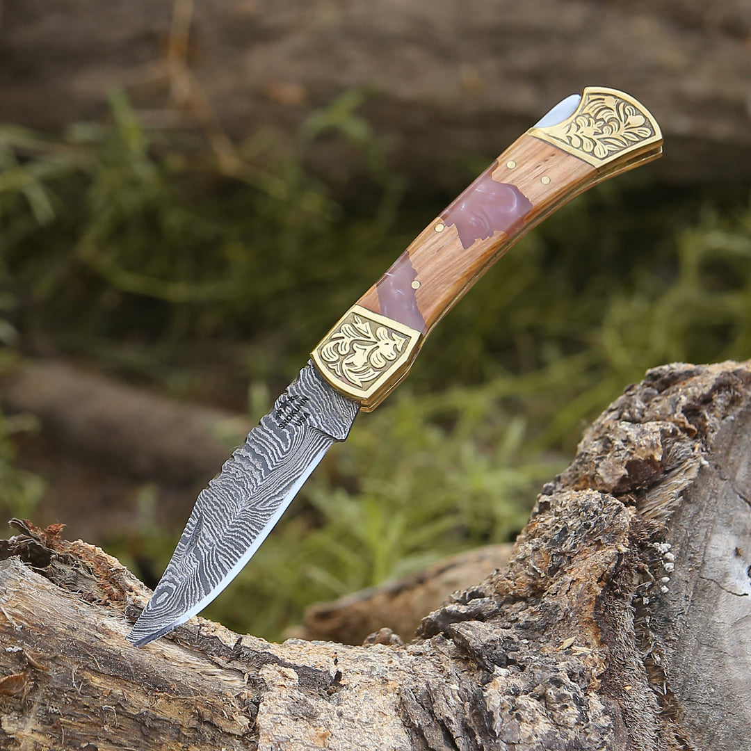 Pocket Knife Gift - Boltedge Handmade Damascus Pocket Knife with Leather Sheath & Exotic Olive Wood - Shokunin USA