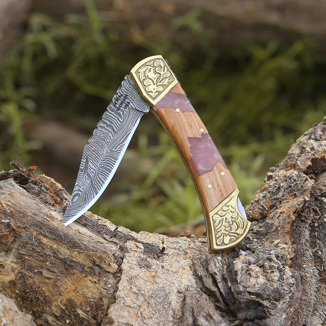 Pocket Knife Gift - Boltedge Handmade Damascus Pocket Knife with Leather Sheath & Exotic Olive Wood - Shokunin USA