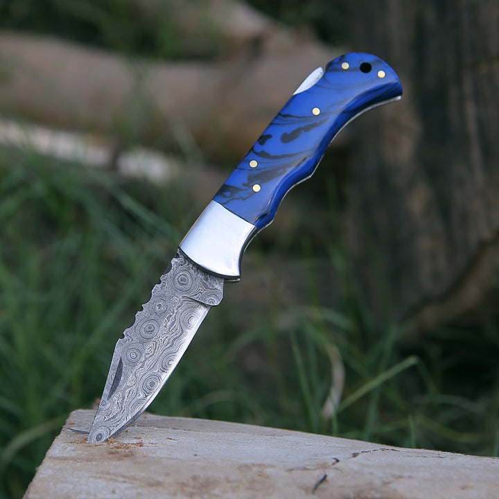 Damascus Knife - Crest Damascus Pocket knife with Sheath & Blue Resin Handle - Shokunin USA